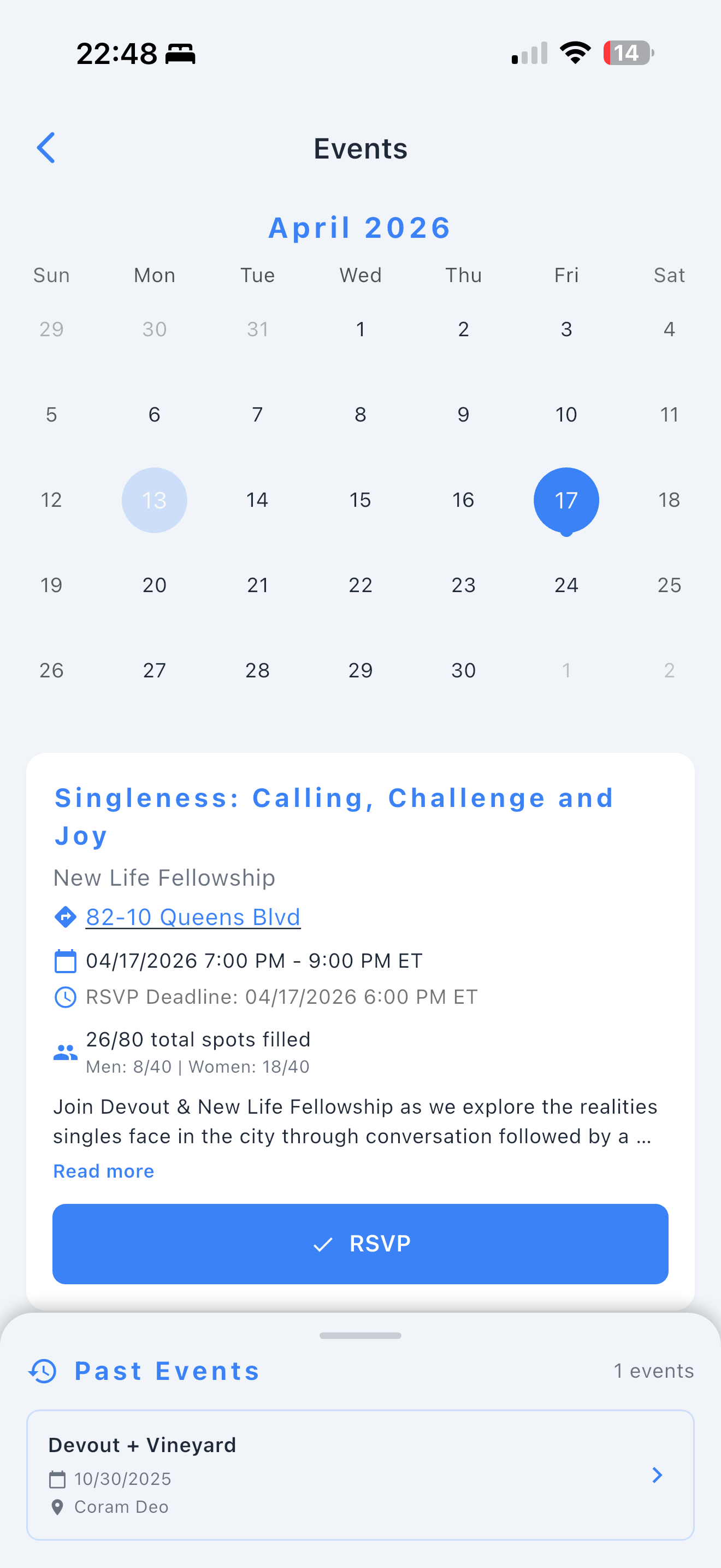 Devout Events calendar with a Singleness event at New Life Fellowship