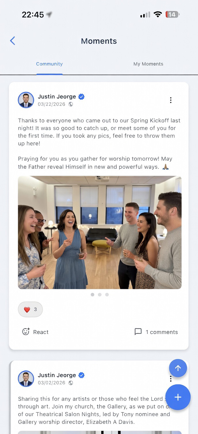 Devout Moments — community feed showing a post about a Spring Kickoff
