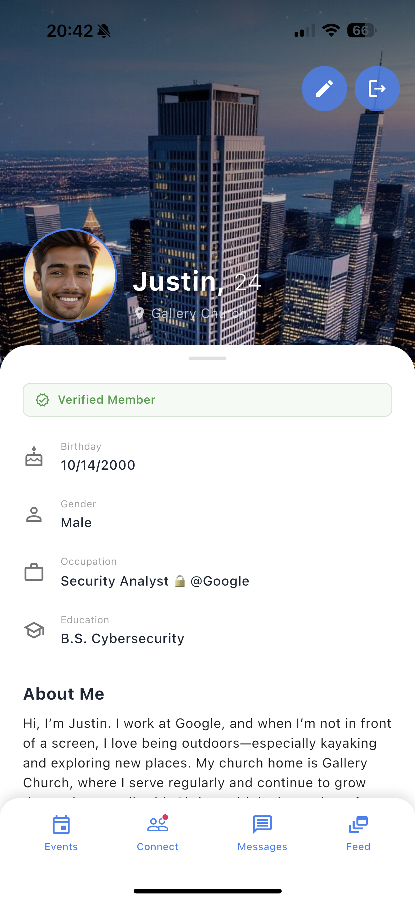 A verified Devout member profile